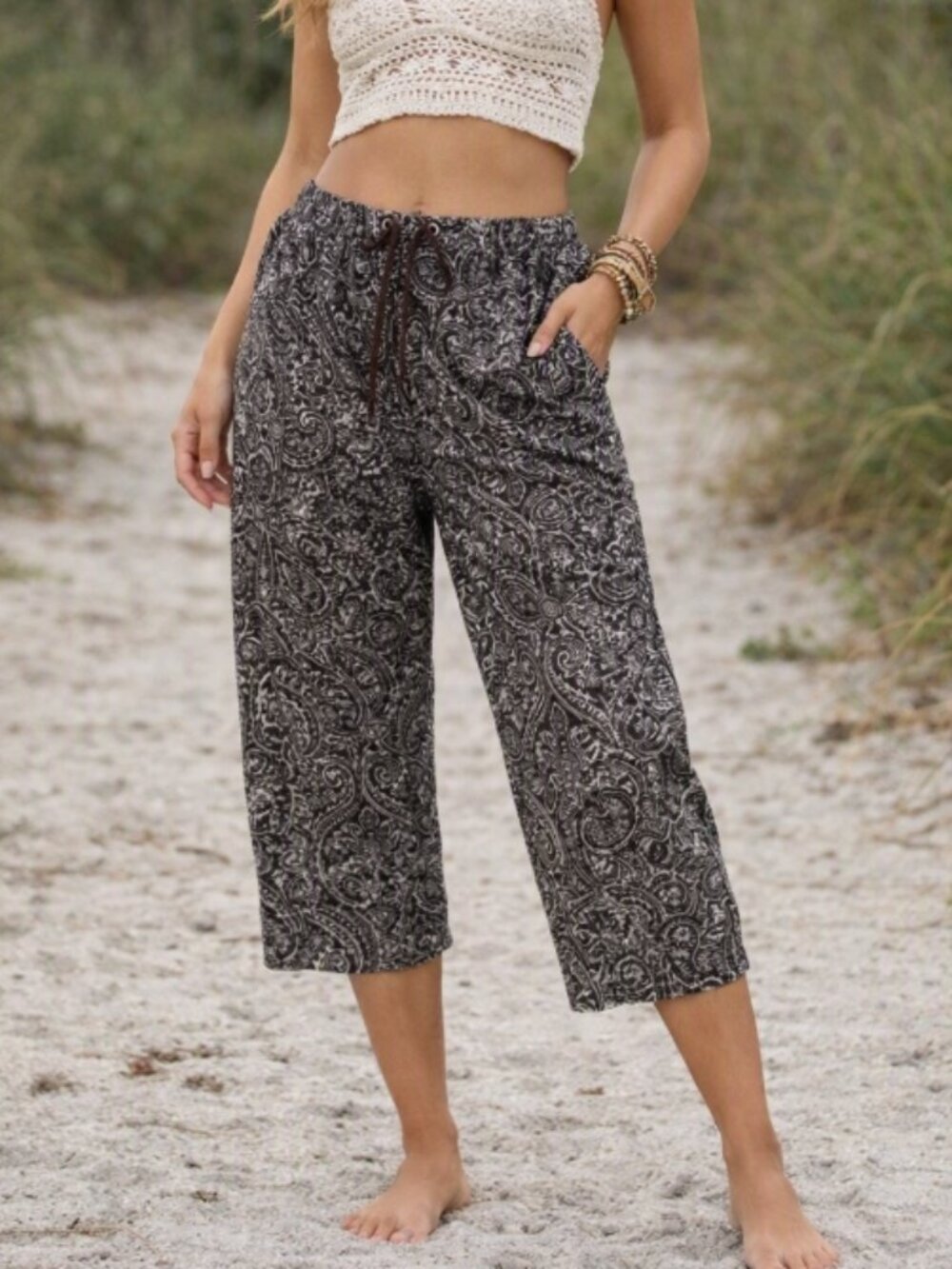 Karen Scott Paisley Cotton Pull-On Capris L Boho Y2K Casual Retro Resort Brown